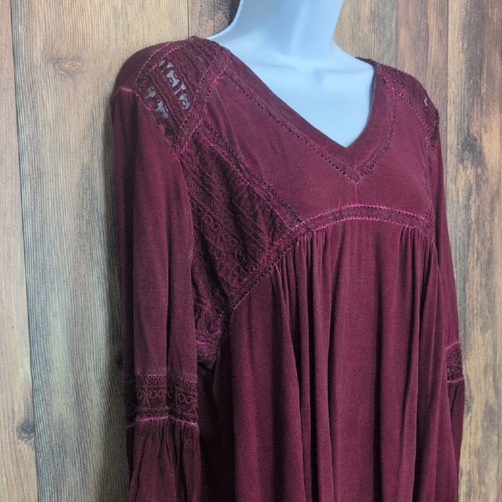 Ruff Hewn Deep Red Boho Lace Accent Blouse L                  V141